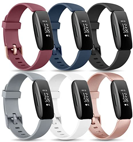 Wanme Straps Compatible with Fitbit Inspire 2 Straps,Pack 6 Soft Silicone Sport Replacement Wristband for Fitbit Inspire 2 Women Men(Wine Red/Navy/Black/Grey/White/Rose Gold)