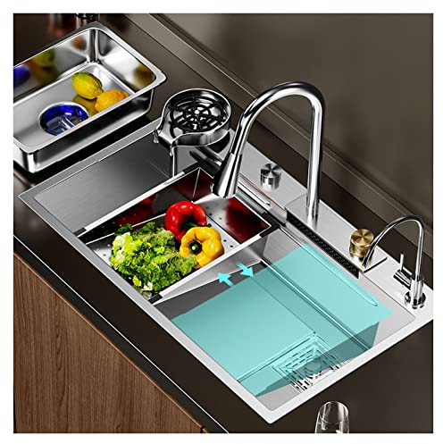 Fregadero De Cocina De Acero Inoxidable Cascada Integrada Y Juego De Grifo Desplegable De Tazón Grande con Nano Revestimiento Kit De Estación De Trabajo De Granja (Color : Silv