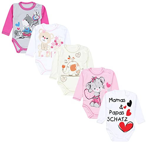 TupTam Body Neonato 5 Pezzi – Body Bambino Manica Lunga in Cotone con Stampa Animali – OEKO-TEX Certificato, Mamas Papas Schatz/Bianco/Elefante/Ecrù/Orsetto/Topo/Rosa, 104