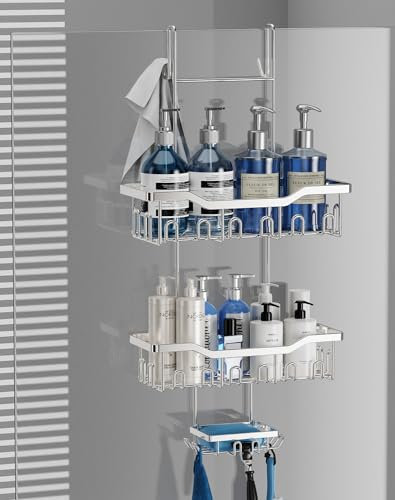 JOLY FANG Etagere Douche a Suspendre, Panier Douche à Suspendre sans Percage, Rangement Douche Suspendu pour le gel Douche et le Shampooing (Silber)