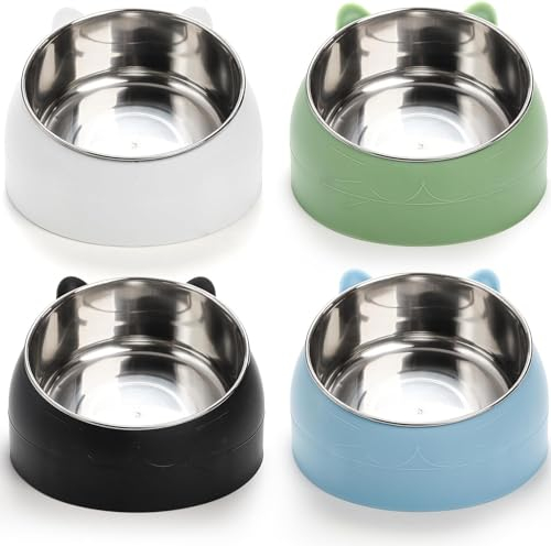 Mezchi 4 Pack 400ml/14oz Raised Bowls, Stainless Steel Food Bowl with Non-Slip Rubber, Cat Dishes for Indoor Pets, 4 Colors