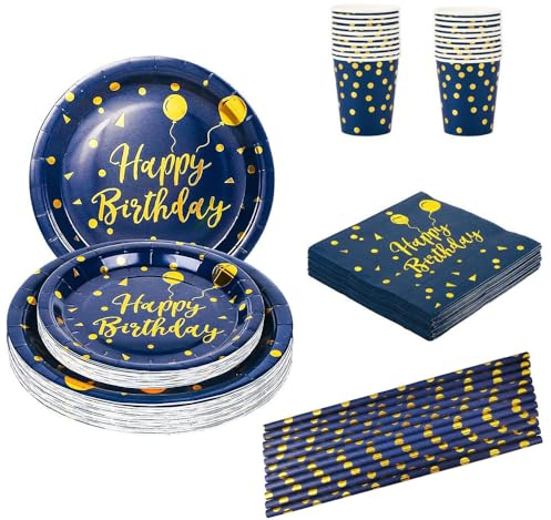 Lot de 125 Bleu et Or Set de Vaisselle pour 25 Invités - Assiettes en Carton, Gobelets, Serviettes de Table, Pailles en Papier pour Fête Anniversaire