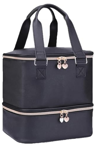 AMOYUN Black Large Makeup Bag, Nail Polish Organiser-Holds 30 Bottles Double-Layer Travel Storage Bags Waterproof PU Cosmetic Bag with Adjustable Dividers for Manicure Tools Storage