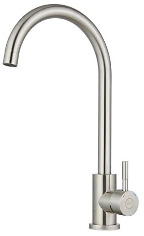 MILOT Robinet mitigeur d'évier de cuisine, poignée unique pivotante à 360°, faible arc, hauteur du bec de 37 cm, installation sans vis, mitigeur de cuisine en acier inoxydable, 1 trou, nickel brossé