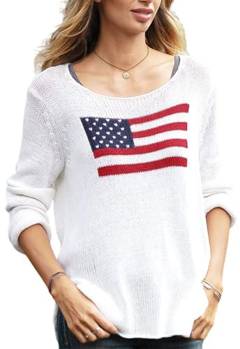 Damen-Pullover mit amerikanischer Flagge, langärmelig, Rundhalsausschnitt, USA-Sweatshirt, Vintage-Stil, Strickpullover, Fahne weiß, L