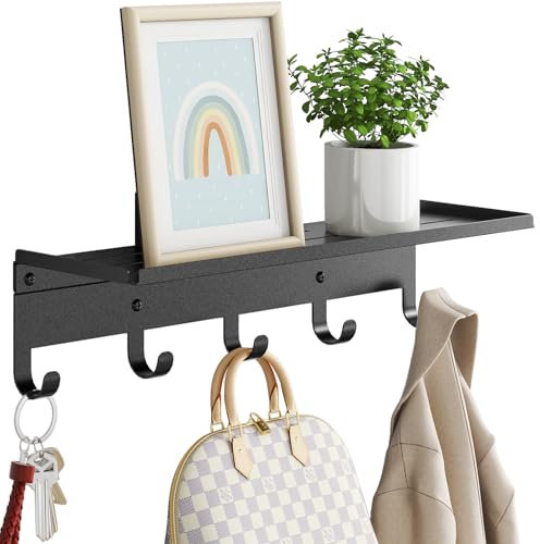 Bethom Coat Hooks Wall Mounted with Shelf, Metal Wall Coat Racks Entryway Coat Hanger with 5 Hooks for Hall & Entryway & Bathroom for Coats, Scarves, Bags, W17 x H4 x D4.7 in