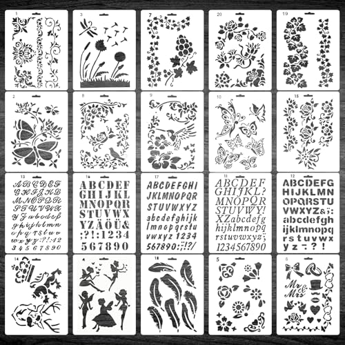 20 STK Wiederverwendbare Kunststoff-Schablonen zum Zeichnen und Malen, Buchstaben Schablonen zum Malen und Streichen, Stencil Malschablonen für Textilgestaltung Airbrush