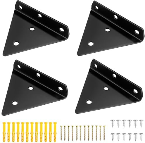 Gentpovth 4 soportes para estanterías de metal negro,Soporte para Estante Triangular, Escuadras para Estantes Flotante Oculto, 12 tornillos largos + 12 tornillos cortos + 12 tacos,para Baño,Estar