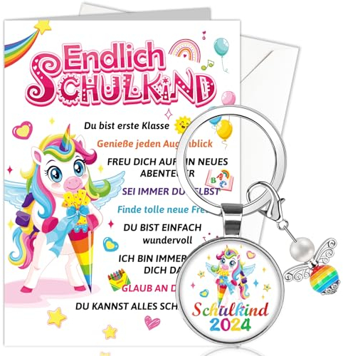 HOWAF Einhorn Glückwunschkarte Einschulung Karte mit Umschlag, Karte Schulanfang Schulkind 2025 Schutzengel Schlüsselanhänger Glücksbringer Schulanfang Geschenk zur Einschulung Mädchen