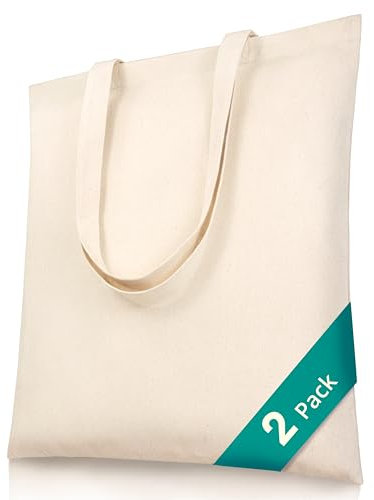 Phicorn Canvas Tote Bags, 2-Pack (15 x 16 in) – 100% Cotton Blank Reusable Grocery & Craft Tote with Long Handles