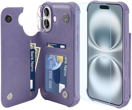 VANAVAGY Compatible for iPhone 16 Wallet Case with Credit Card Holder,Rfid Block Leather Flip Folio Phone Cover Fits Magnetic Car Mount and Stand with Screen Camera Protector,Clove Purple