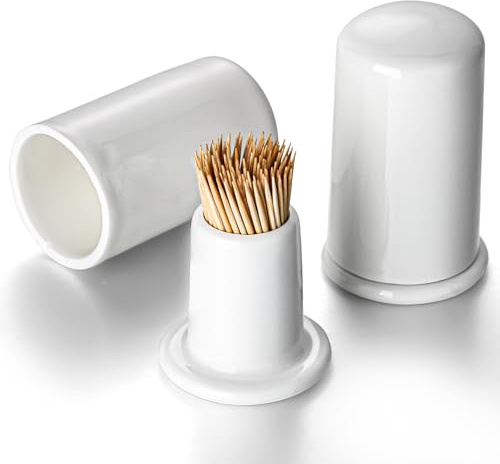 zeeooil Set di 2 porta stuzzicadenti in ceramica con coperchio (bianco)