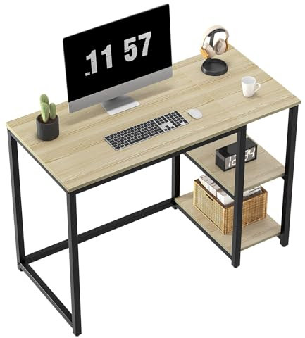 WOHOMO Computer Desk 100cm with 2-Tier Shelves Sturdy Home Office Desk with Large Storage Space Modern Gaming Desk Study Writing Laptop Table for Small Spaces, Oak