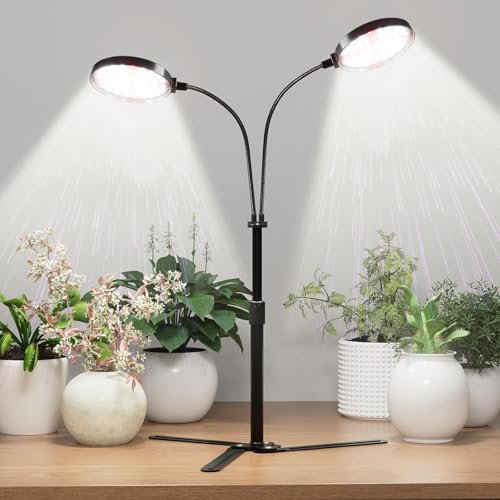 SIYOMG Pflanzenlampe LED Vollspektrum Grow Lampe für Zimmerpflanzen mit Standfuß, 4,7 Zoll LED Doppelring Wachstumslicht, 3 Farben-10 Helligkeit Grow Light mit Timer 3/9/12H, 22~63cm Höhenverstellbar