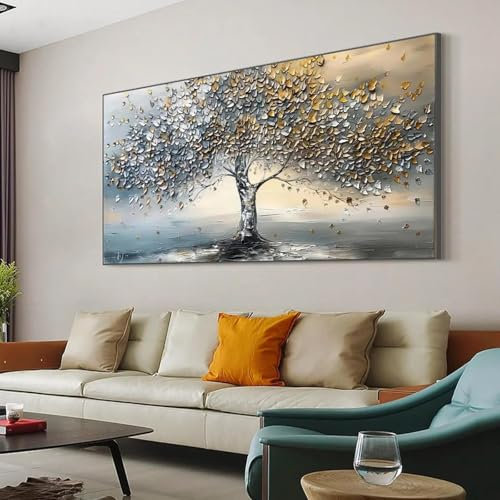 LZJAGXX Peinture à l'huile sur toile représentant un arbre de vie, grande taille, abstrait, texturé, bleu, gris, arbre en fleurs, art mural, décoration de salon moderne, 70 x 140 cm, sans cadre