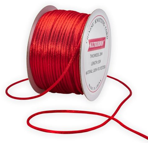 KLTRIBBON Cordoncino rosso da 2 mm, 50 metri, filo di seta cinese a coda di topo, per bracciali, collane, gioielli e macramè
