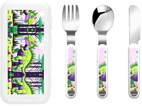 Cute Green Dinosaur Print 3 Pieces Knife, Fork and Spoon Set - Food Grade Silicone Handle, Perfect for Toddler Meals