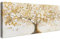 Cadre en bois Impression sur Toile Fleurs Blanches Feuilles d'or Arbre Peinture Poster Arbre de Vie Fleuri Abstrait Image sur Toile Grande Tableau Decoration Murale Salon Chambre Restaurant 50x120cm