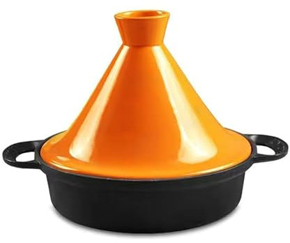 HAJHI Fonte Tajine Induction Compatible Gaz Plat Tajine avec Couvercle en Céramique Double Poignée Conserve L'humidité Marocain Ustensiles de Cuisine(Orange)