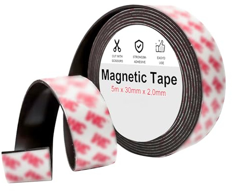 Magnetic Tape Roll(5mx30mmx 2.0mm), Extra Thick & Wide Magnet Strips w/Strong Self-Adhesive Backing, Easy to Cut & Stick to Flat Surfaces, Perfect for DIY, Whiteboard & Fridge Organization
