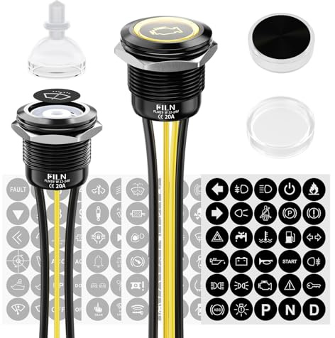 FILN 2StüCk Wasserdichte 19mm Schalter Drucktaster 1NO1NC 12V-24V Gelb LED | Metall Vorverdrahtet mit Kabel IP67 Druckschalter Mit 185 Austauschbaren Symbolen Für Auto,Boot,Industrie