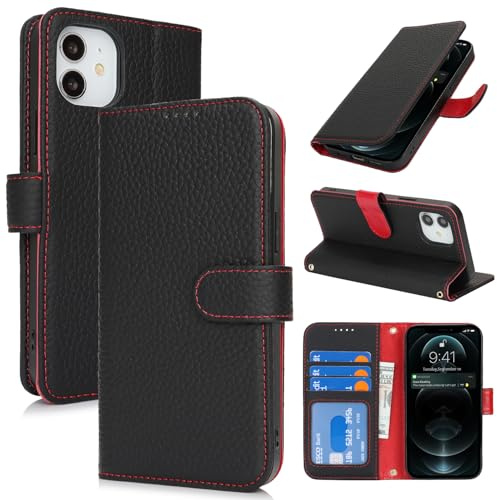 Zouzt Leather Wallet Case for iPhone 12 Mini, 4 Card Slot, Black & Red | Genuine Leather, Card Holder, Shockproof TPU Shell, Magnetic Closure, Protective Flip Folio Phone Cover, For Women Men