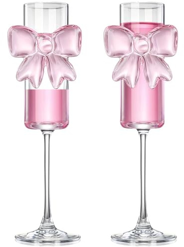 HNJZX Lot de 2 tasses à coquette en verre transparent avec nœud rose pour vin, cocktails, maison, bar, mariage, enterrement de vie de jeune fille
