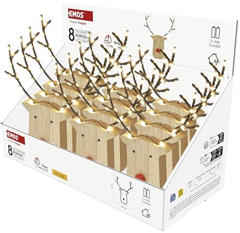 EMOS - Rentierkopf mit leuchtenden Geweihen, 12 Stück - Holz-Dekoration mit 8 LEDs, Warmweiß - 6/18h Timer, batteriebetrieben (2x AAA inkl.) - Lebensdauer 10000 Stunden - für Innenbereich - Naturholz