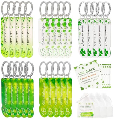 CAIEJSAEN 25 Stück Acryl Vierblättriges Kleeblatt Glücksbringer Einkaufswagenchip Schlüsselanhänger Set Abziehbar Glücksbringer Einkaufschip Als Gastgeschenk für Abschiedsgeschenk Abschluss Feiern