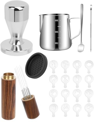 ZaKaBox 51mm Coffee Tamper Set with WDT Tool & Latte Art Tools | includes 350ml milk pitcher, silicone mat, puck screen, complete barista kit, easy to use