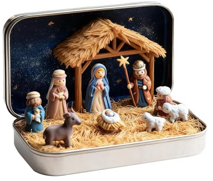 Generisch Mini Weihnachten Krippe Set, Handcrafted Harz Pocket Nativity Scene Gift Tin | Weihnachtskrippe In Einer Blechdose, Tischdekoration Zur Geburt Jesu Für Sammler Kamin 9,5x6x2,3cm