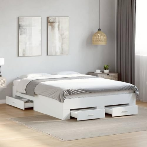 Runheo Bed Frame, White, 120 x 200 cm, Wood Material, Modern Platform Bed with 4 Drawers, Robust Plywood Slats, Ideal Bedroom Furniture for Storage Space