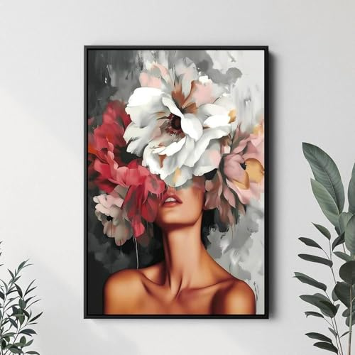 XINBAO Blumenposter und -drucke, Leinwanddruck „Frau“, Leinwanddruck „Blumen“, Wandbild „Kopf“ auf Leinwand (50 x 75 cm/Rahmenlos)