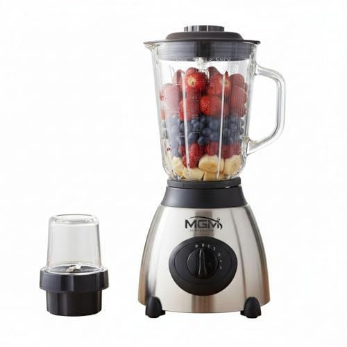 2-in-1 Food Blender & Ice Crusher | 1.5L Glass Jug Smoothie Maker | Stainless Steel Blades | 850W Motor, 5 Speeds + Pulse | Grinder Mill for Coffee, Spices & Nuts