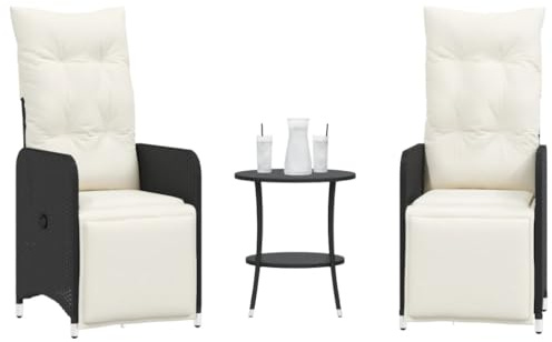 Bucmath Outdoor-Relaxsessel 2er-Set mit Tisch, Schwarz, Poly-Rattan, verstellbar, UV-beständig, Bequeme Terrassenmöbel für Garten und Balkon