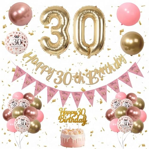 Kradeler 30th Birthday Decorations Set, Retro Pink & Gold, Balloons, Banners, Cake Topper , Foil & Confetti, Adults, Women , Birthday Occasion