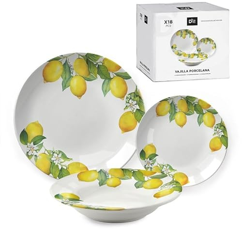 ROCKING GIFTS Vajilla 18 Piezas Limones Porcelana Set Completo para 6 Personas Platos De Comida Postre Diseño Cítrico