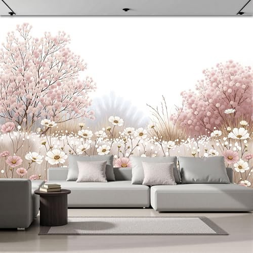 Papier Peint Motif Prairie Fleurie Dessinée À La Main Illustration De Paysage, Papier Peint Panoramique Tableaux Photo Muraux Beige Utilisé Pour Chambre, Salon, Fond Tv Décoration Murale 350X256Cm