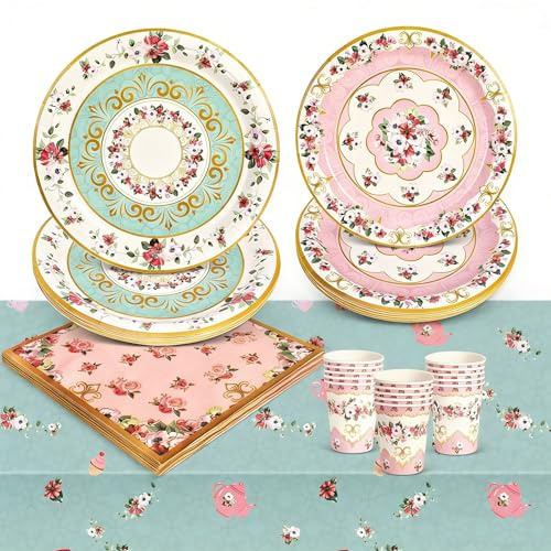 PHOGARY Tea Party Decorations Serves 16 Persons, Floral Tea Party Plates and Napkins Sets Tablecloth Tableware, Vintage Floral Tea Party Supplies for Girl Birthday, Baby Shower