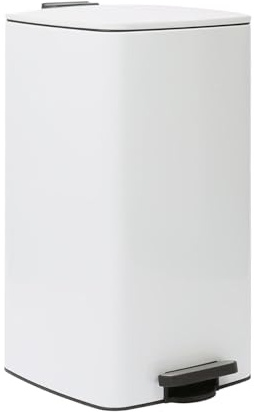 Optimal Products 50L Square Pedal Bin – Brushed Stainless Steel Kitchen Trash Can with Soft-Close Lid, Hands-Free Foot Pedal, Removable Inner Bucket & Rubbish Recycling Bin Dustbin Matt White