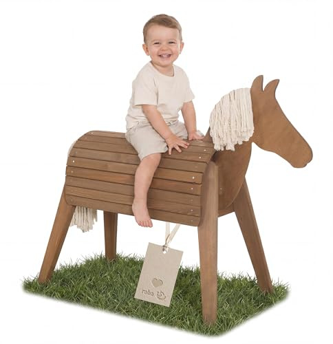roba Outdoorpferd aus Massivholz, teakfarben lasiert, wetterfestes Holzpferd für den Garten, Voltigierpferd zum Reiten, Klettern und Turnen, nachhaltiges Holzspielgerät