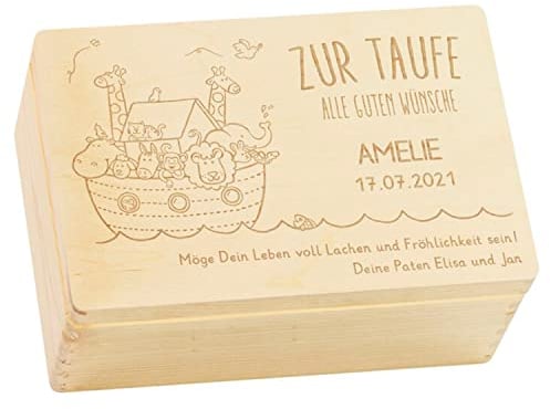 LAUBLUST Erinnerungsbox Taufe - Arche Noah - Personalisiertes Taufgeschenk - Holzkiste ca. 30 x 20 x 14 cm, Natur, FSC®