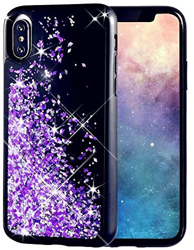 KOUYI for iPhone XS/X Case Glitter, [Twinkling of Starry Night Series] Fashion Flowing Liquid Floating Sparkly Bling Quicksand 3D Design TPU Protective Cover for iPhone XS/iPhone X (Purple)