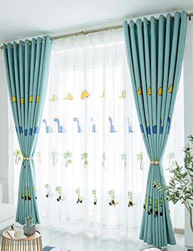 Lactraum Vorhänge Kinderzimmer Babyzimmer Transparent Weiß Bestickt Dinosaurier Kokosnussbaum Voile mit Universalband 100 x 245 cm