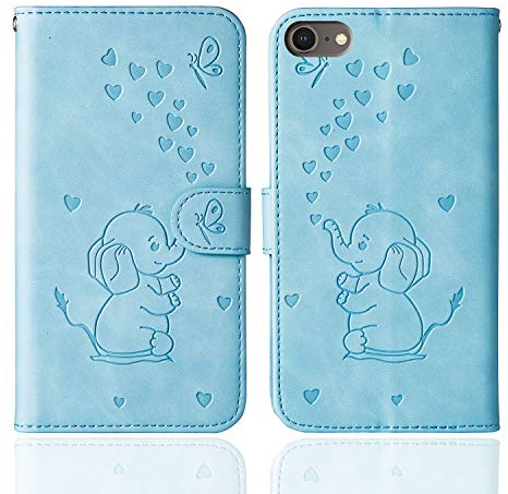 Ailisi für iPhone 7/iPhone 8/SE 2020/SE 2022 Hülle, Karikatur Elefant Muster Leder Handyhülle Brieftasche Schutzhülle Leder Flip Case Wallet Cover Klapphüllen Tasche Etui mit Kartenfächern -Blau
