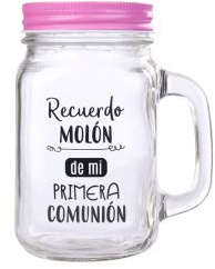 DISOK Jarra Cristal con Caña Recuerdo Molón Color Rosa - Jarras con Frases, Tazas Originales para Detalles, Recuerdos y Regalos de Comuniones (Precio unitario) (Rosa)