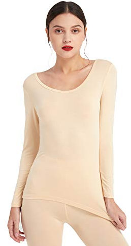 Mcilia Women's Ultrathin Modal Thermal Baselayer Top Scoop Neck Long Sleeve Undershirt Beige Medium (UK Size 12 14)