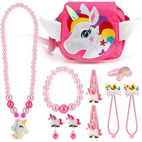 Hifot schmuck Kinder Mädchen Einhorn Handtasche Halskette Armband Ring Haarspangen Haarbänder Set, Prinzessin Kinder Schmuck Geschenk Partyzubehör Gastgeschenke Verkleiden Pretend Play
