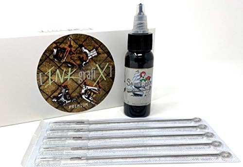 Deutsche Tattoofarbe Sailor Jerry Schwarz 30ml und 5 Premium Tattoonadeln 5RL STICK and POKE - SET Tebori - INKgrafiX® Deutschland