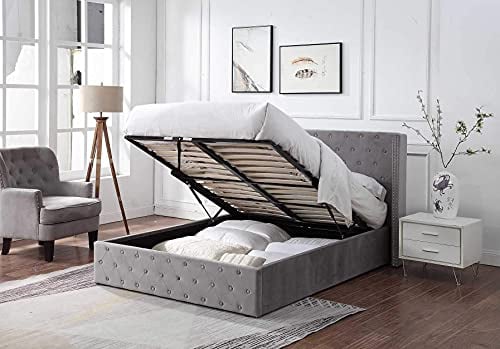 Home Treats King Size Bed Frame with Brushed Velvet Winged Headboard Ottoman King Size Upholstered Bed Frame King | Ottoman Bed Frame | Grey Brushed Velvet Fabric Bed Frame With Storage...
